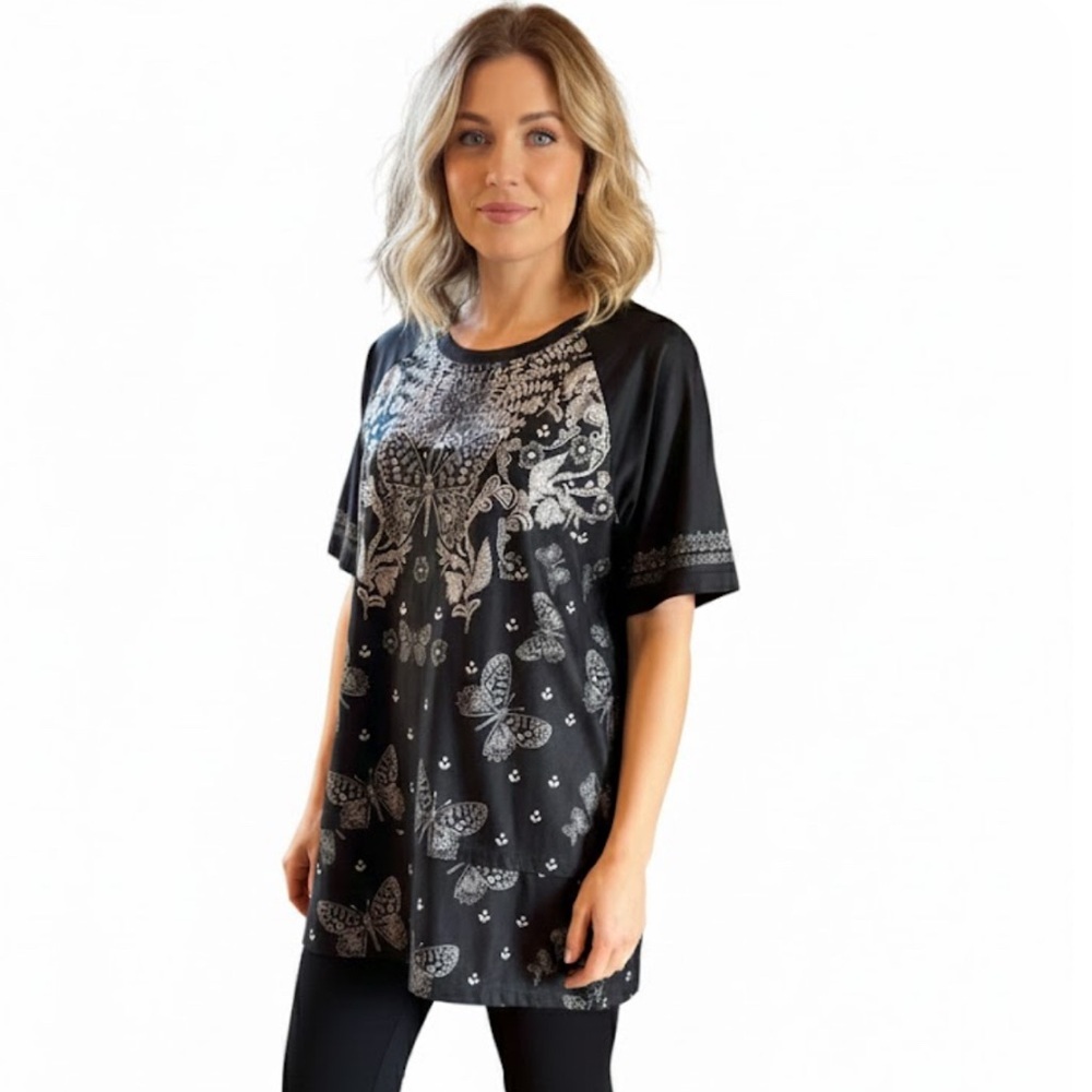 Johnny Was Butterfly Print Bee Active Raglan Layered Tunic Black White Sz Large